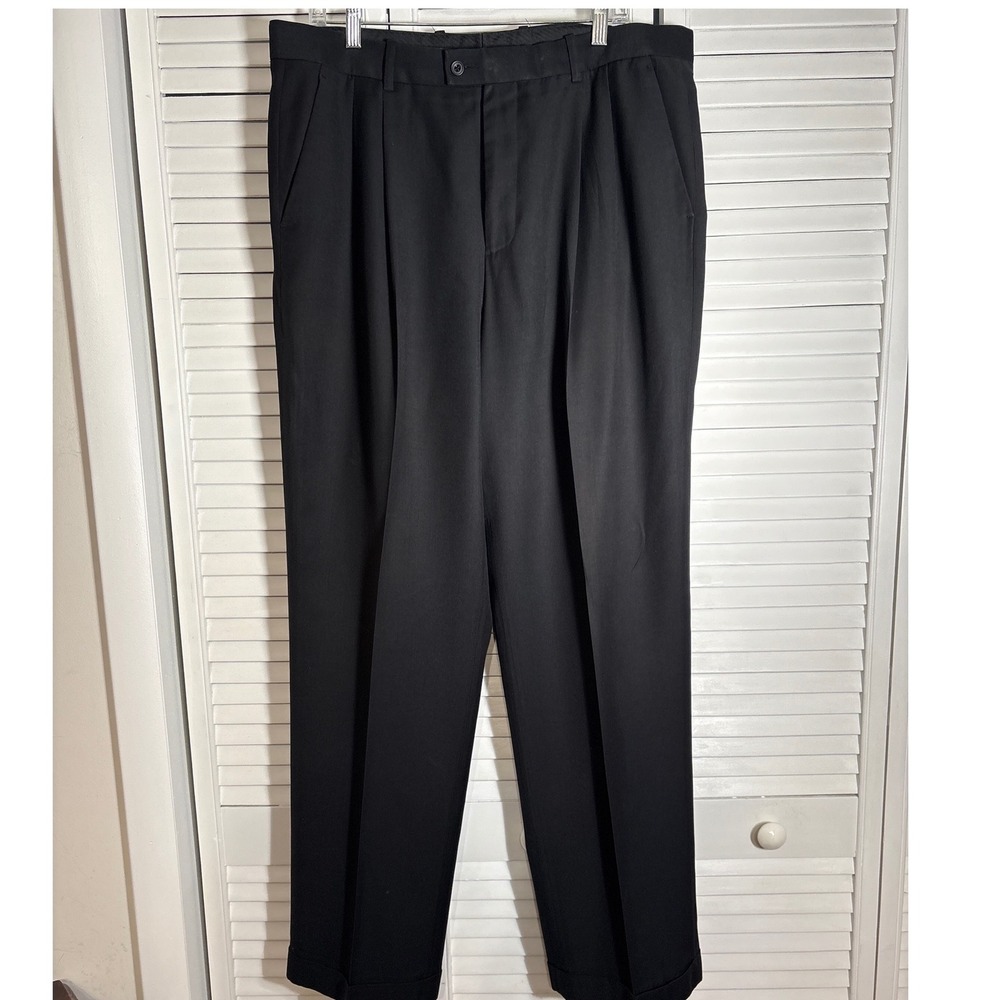 Perry Ellis Portfolio Mens Black Pleated Cuffed Dress Pants Classic Fit 36x34